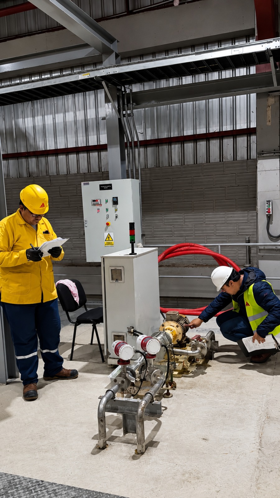 T&eacute;cnicos inspeccionando equipos electromec&aacute;nicos en instalaci&oacute;n industrial