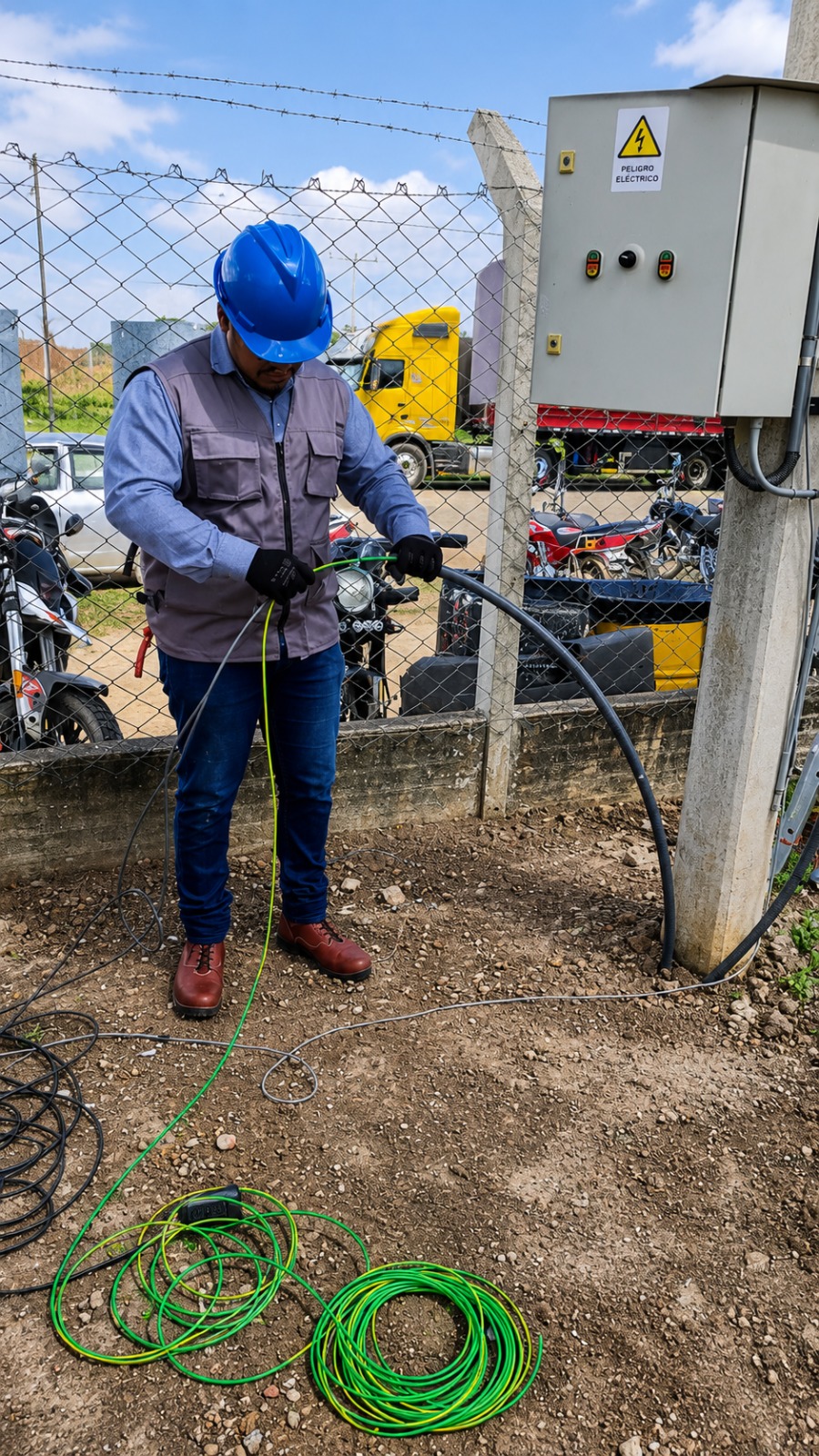 T&eacute;cnico realizando conexiones el&eacute;ctricas en campo